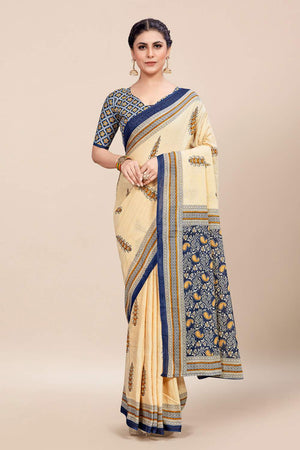 Womens Digital Print Viscose Beige Saree With Blouse Piece