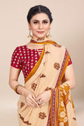 Womens Digital Print Viscose Cream Saree With Blouse Piece