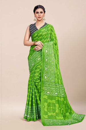 Womens Linen Blend Green Saree With Blouse Piece