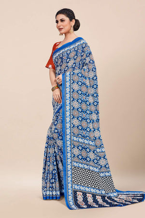Womens Linen Blend Blue Saree With Blouse Piece