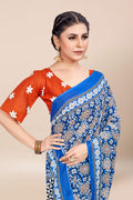 Womens Linen Blend Blue Saree With Blouse Piece