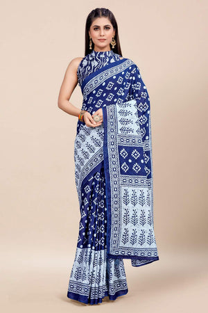 Womens Cotton Blue Saree With Blouse Piece