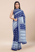 Womens Cotton Blue Saree With Blouse Piece