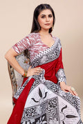 Womens Cotton Red Saree With Blouse Piece