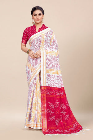 Womens Cotton White Saree With Blouse Piece