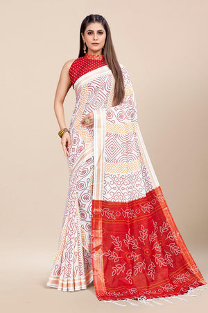 Womens Cotton White Saree With Blouse Piece