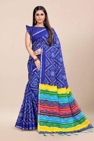 Womens Cotton Blue Saree With Blouse Piece