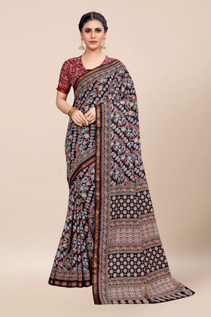Womens Digital Print Viscose Black Saree With Blouse Piece
