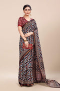 Womens Digital Print Viscose Black Saree With Blouse Piece