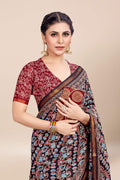 Womens Digital Print Viscose Black Saree With Blouse Piece