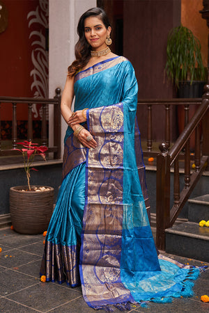 Womens Silk Peacock Saree With Blouse Piece