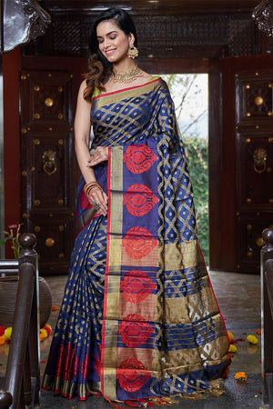 Womens Silk Blue Saree With Blouse Piece