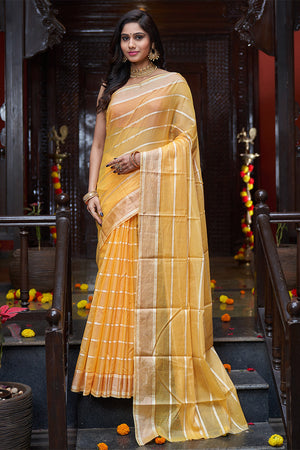 Womens Silk Yellow Saree With Blouse Piece