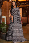 Womens Cotton Black Saree With Blouse Piece