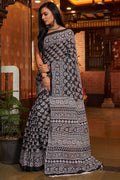 Womens Cotton Black Saree With Blouse Piece