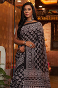 Womens Cotton Black Saree With Blouse Piece