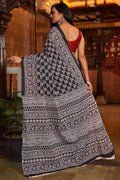 Womens Cotton Black Saree With Blouse Piece