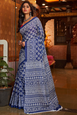 Womens Cotton Blue Saree With Blouse Piece
