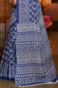 Womens Cotton Blue Saree With Blouse Piece