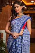 Womens Cotton Blue Saree With Blouse Piece