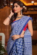 Womens Cotton Blue Saree With Blouse Piece