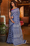 Womens Cotton Blue Saree With Blouse Piece