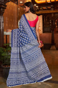 Womens Cotton Blue Saree With Blouse Piece