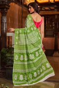 Womens Cotton Pista Saree With Blouse Piece