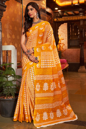 Womens Cotton Yellow Saree With Blouse Piece