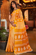 Womens Cotton Yellow Saree With Blouse Piece