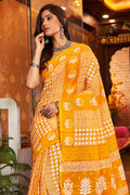 Womens Cotton Yellow Saree With Blouse Piece