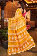 Womens Cotton Yellow Saree With Blouse Piece