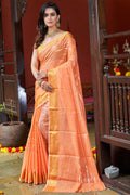 Womens Cotton Orange Saree With Blouse Piece