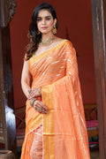 Womens Cotton Orange Saree With Blouse Piece