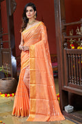 Womens Cotton Orange Saree With Blouse Piece