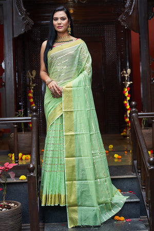 Womens Cotton Pista Saree With Blouse Piece