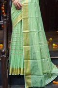 Womens Cotton Pista Saree With Blouse Piece
