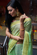 Womens Cotton Pista Saree With Blouse Piece