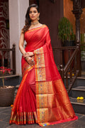 Womens Cotton Silk Blend Red Saree With Blouse Piece