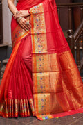Womens Cotton Silk Blend Red Saree With Blouse Piece