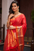 Womens Cotton Silk Blend Red Saree With Blouse Piece