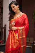 Womens Cotton Silk Blend Red Saree With Blouse Piece