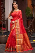Womens Cotton Silk Blend Red Saree With Blouse Piece
