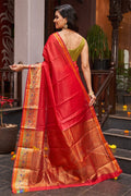 Womens Cotton Silk Blend Red Saree With Blouse Piece
