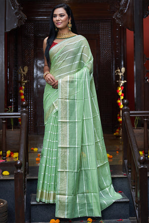 Womens Silk Pista Green Saree With Blouse Piece