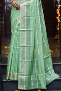Womens Silk Pista Green Saree With Blouse Piece