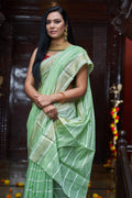 Womens Silk Pista Green Saree With Blouse Piece