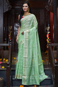 Womens Silk Pista Green Saree With Blouse Piece