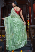Womens Silk Pista Green Saree With Blouse Piece