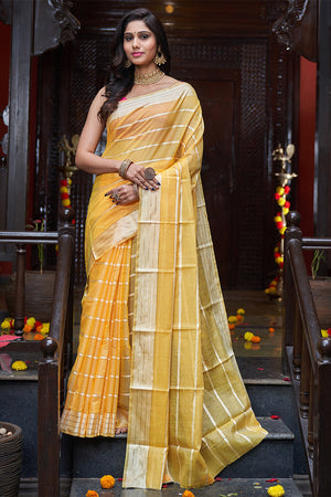 Womens Silk Yellow Saree With Blouse Piece